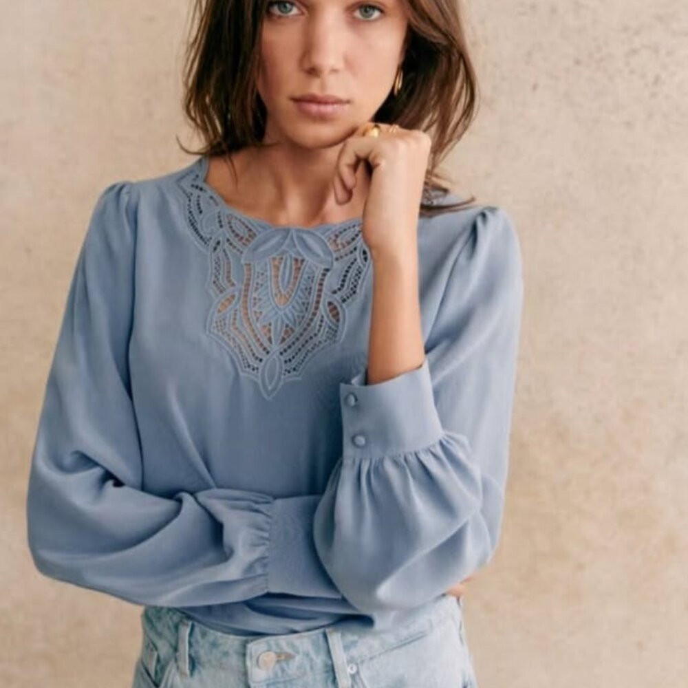Sezane Carlotta Silk Blouse - Ice Blue - 38 / 6 - EUC